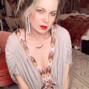 Free People Beaded Tunic Top Ribbed Deep V